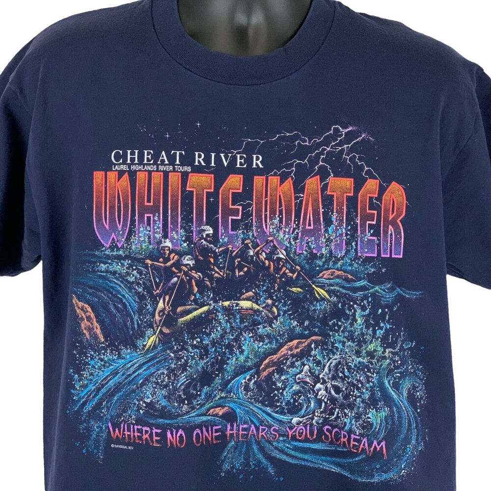 Vintage 90s White Water Rafting Cheat River T Shirt Made In USA Blue L Large